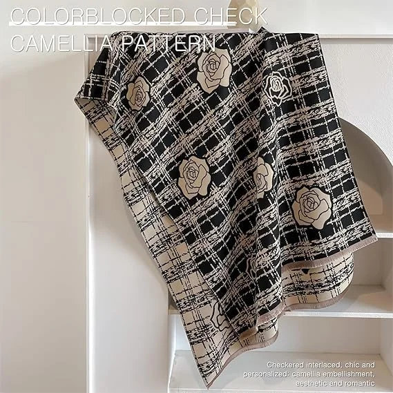 شال زمستانی زنانه KASTWAVE - شال پشمینه کشمیر دو رو با منگوله، طرح رمانتیک گل کاملیا و چهارخانه ضخیم، شال بزرگ و گرم برای هوای سرد