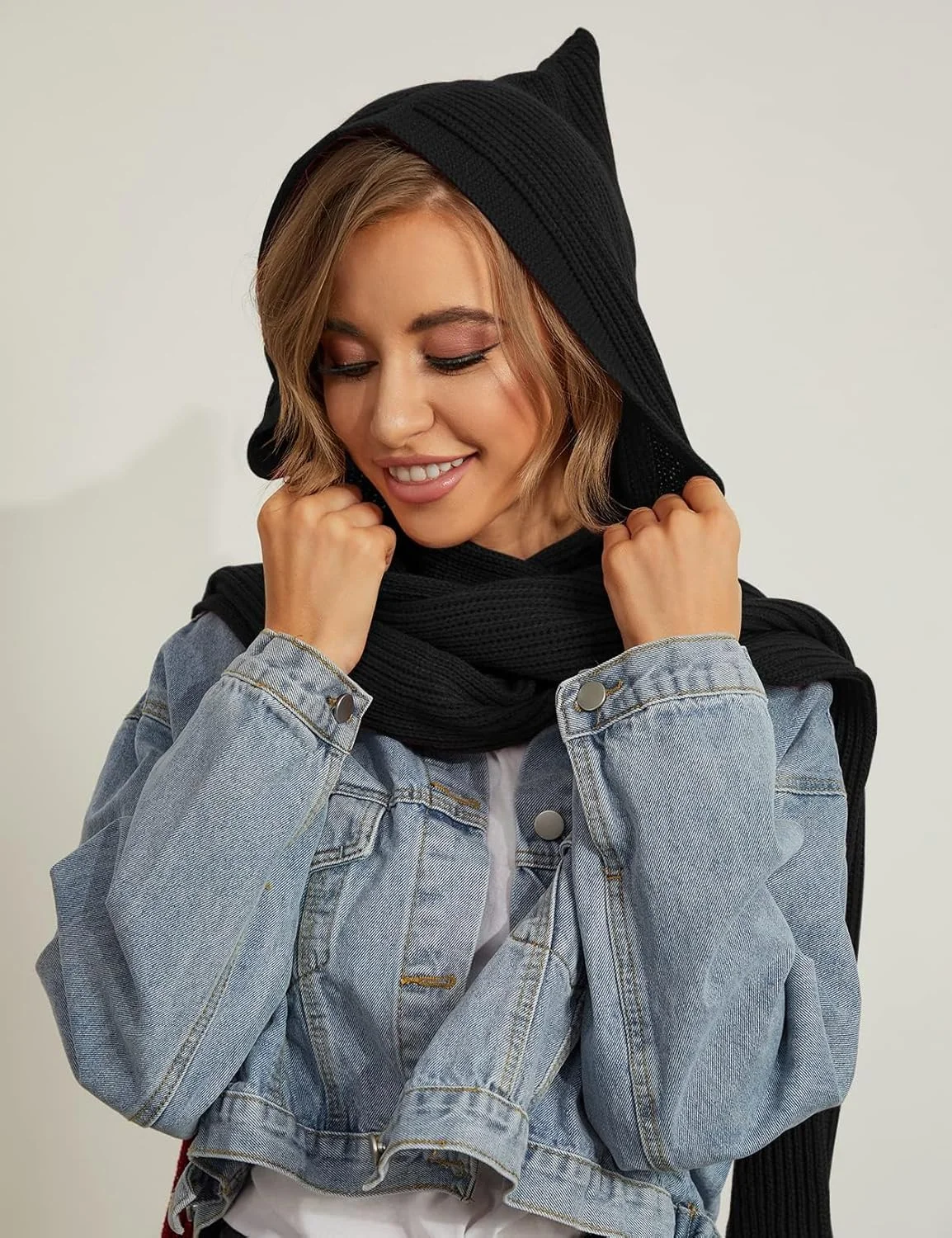 شال گردن بلند کلاه دار بافتنی زنانه، شال گرم زمستانی، کلاه بافتنی بالاکلاوا زنانه مردانه مناسب فضای باز - مشکی