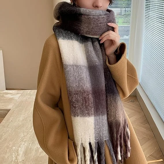 شال گردن زمستانی ضخیم زنانه - بافت گرم، طرح چهارخانه، شال بزرگ و بلند، پوشش نرم و ضخیم برای هوای سرد، شال سبک وزن ضد آفتاب برای استفاده روزانه و فضای باز