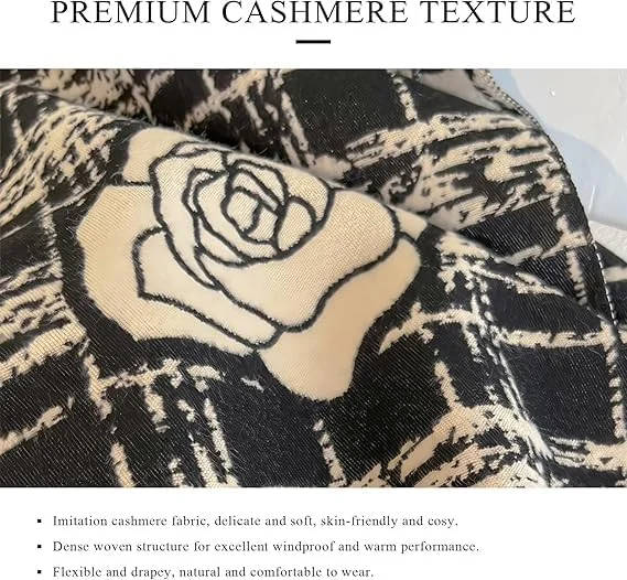 شال زمستانی زنانه KASTWAVE - شال پشمینه کشمیر دو رو با منگوله، طرح رمانتیک گل کاملیا و چهارخانه ضخیم، شال بزرگ و گرم برای هوای سرد