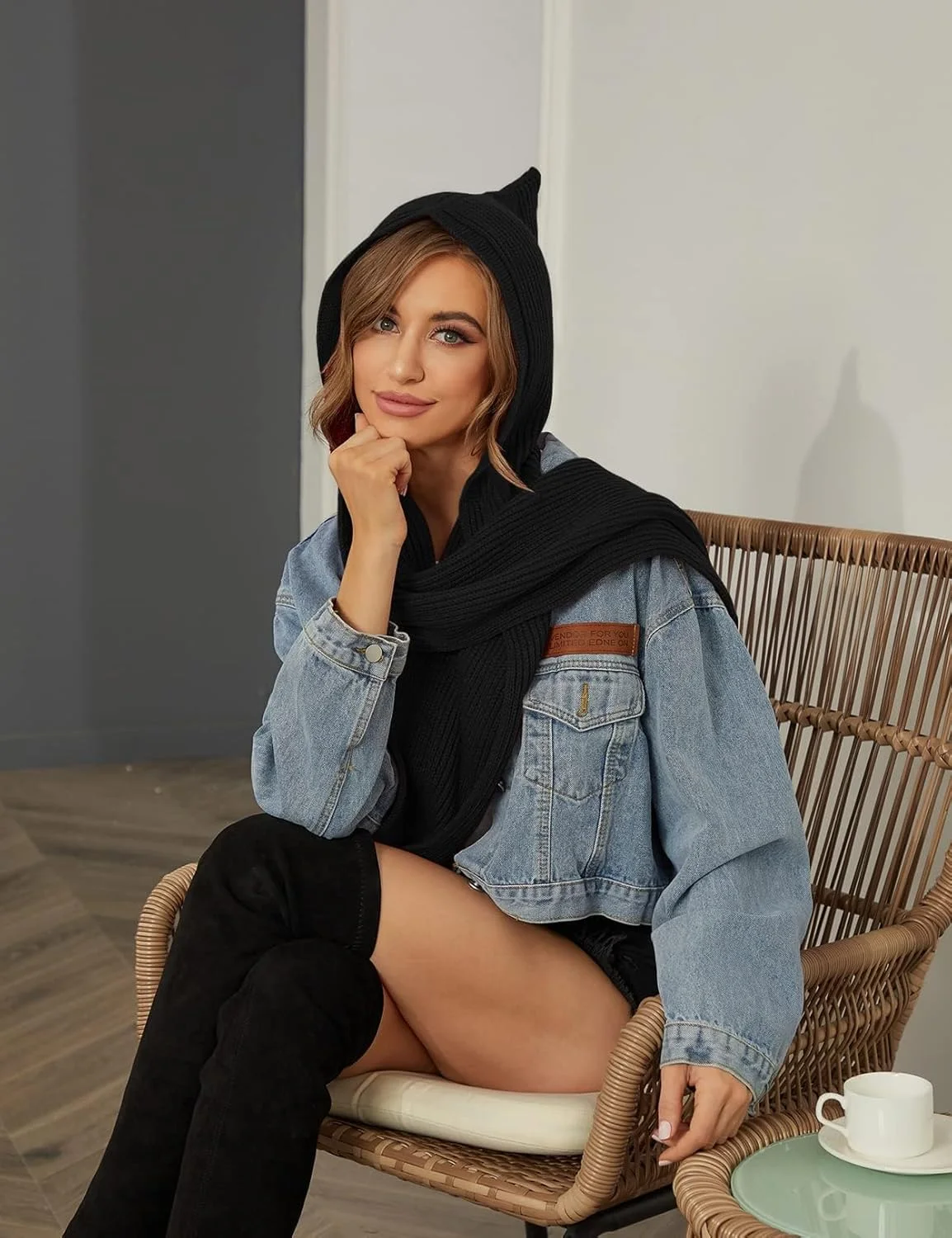 شال گردن بلند کلاه دار بافتنی زنانه، شال گرم زمستانی، کلاه بافتنی بالاکلاوا زنانه مردانه مناسب فضای باز - مشکی