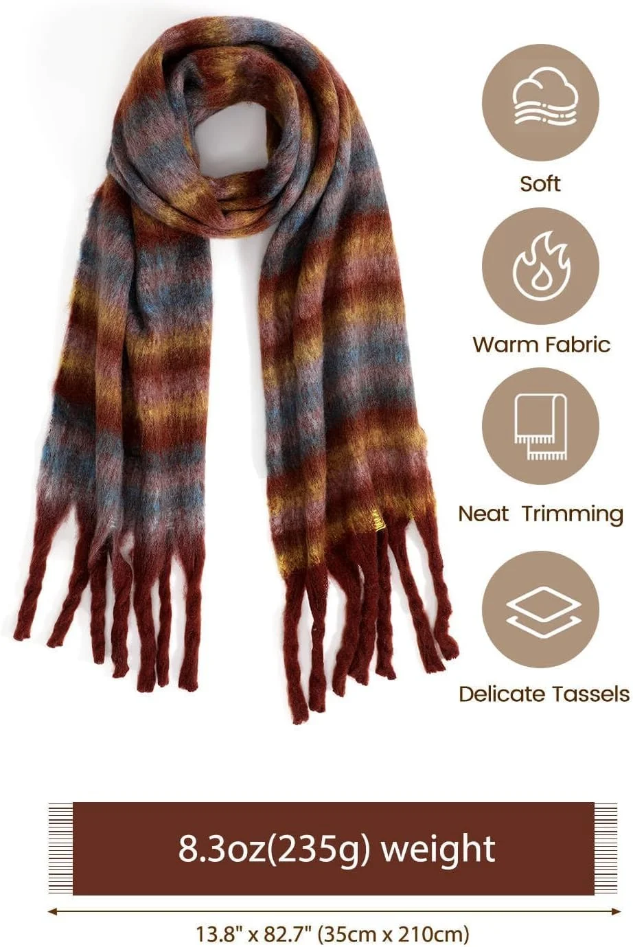 شال گردن زمستانی زنانه، شال بافتنی ضخیم و نرم موهر، شال بزرگ طرح پتو، شال لمس کشمیر به سبک قدیمی، اکسسوری مد زمستانی گرم و ضخیم