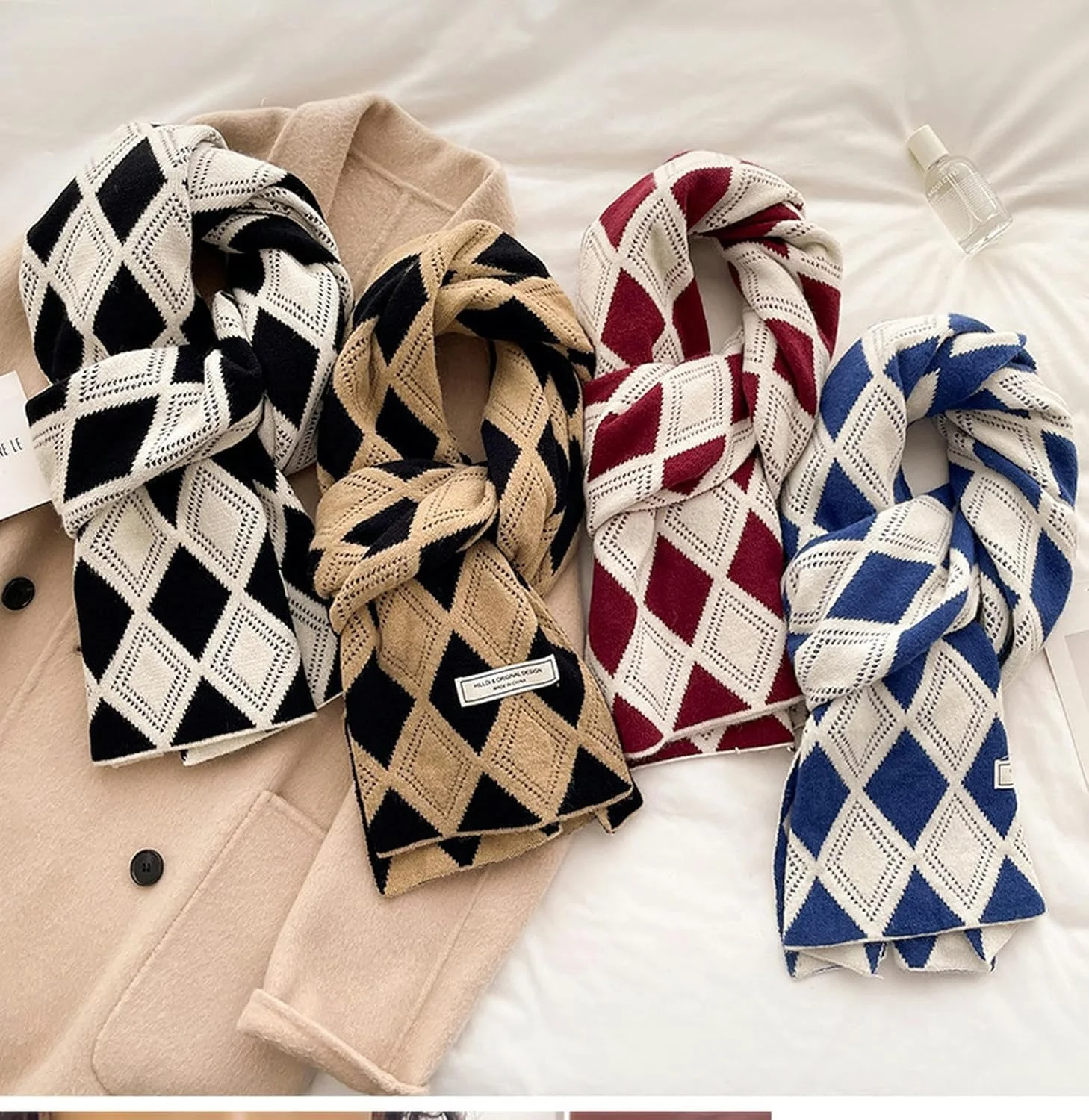 شال زمستانی چهارخانه زنانه، شال لوزی بافت ضخیم و نرم، شال گرم بلند برای هوای سرد، شال آکریلیک شیک هدیه برای بانوان