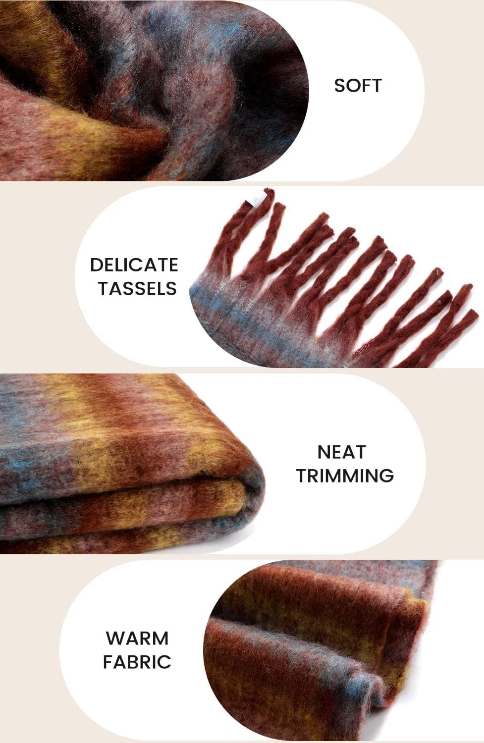 شال گردن زمستانی زنانه، شال بافتنی ضخیم و نرم موهر، شال بزرگ طرح پتو، شال لمس کشمیر به سبک قدیمی، اکسسوری مد زمستانی گرم و ضخیم