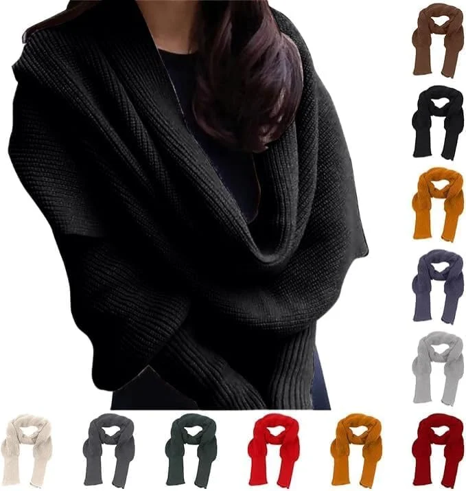 شال گردن با آستین بافتنی زنانه KASTWAVE، شال و شنل زمستانی با طرح کابلی، شال گردن بلند و گرم قلاب بافی، مشکی، سایز واحد
