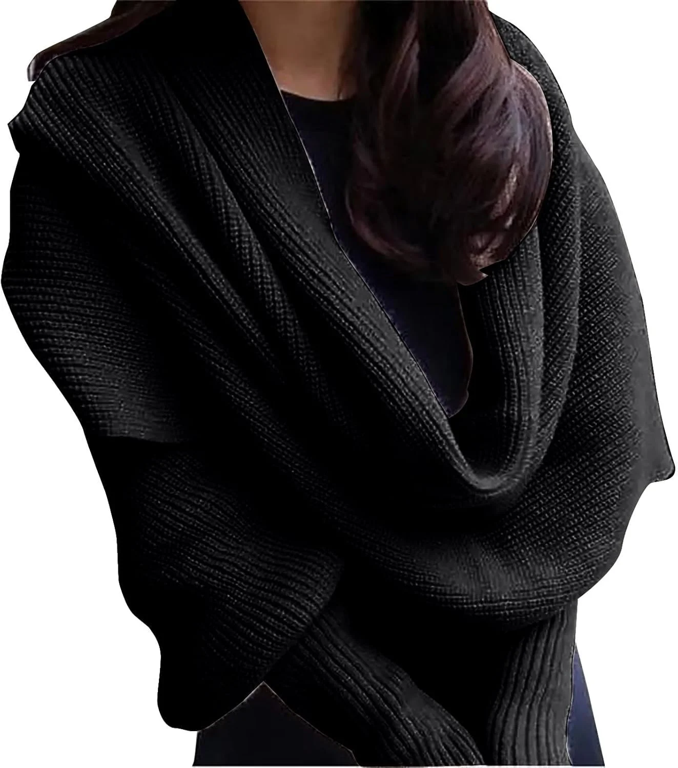 شال گردن با آستین بافتنی زنانه KASTWAVE، شال و شنل زمستانی با طرح کابلی، شال گردن بلند و گرم قلاب بافی، مشکی، سایز واحد