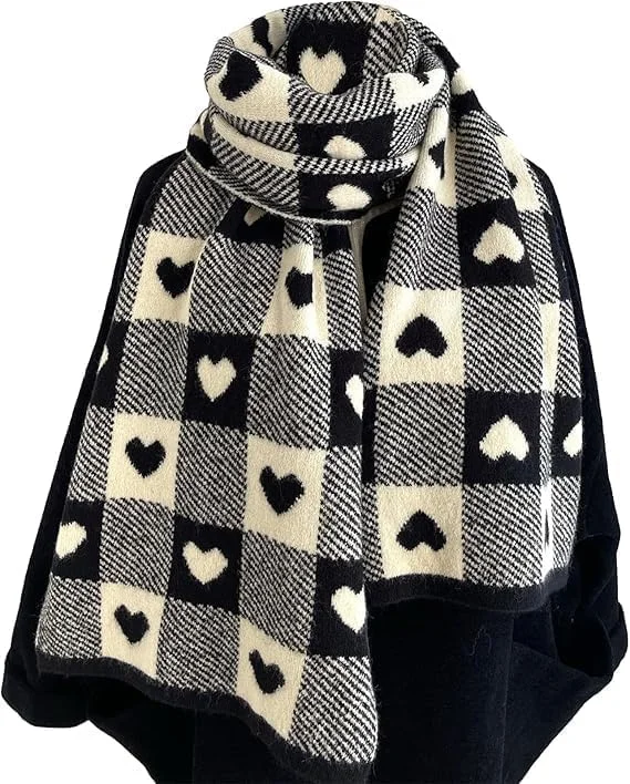 شال گردن زنانه KASTWAVE، هدیه تعطیلات، زمستانی، گرم، با حس کتان پنبه ای، شال بزرگ و بلند با طرح چهارخانه قلبی زیبا، شال سبک وزن ضد آفتاب برای استفاده روزانه و فضای باز