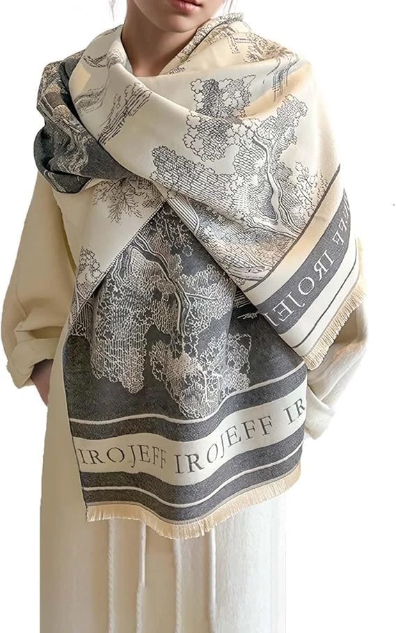 شال پشمینه گرم زنانه KASTWAVE - شال دو رو با طرح نقاشی منظره هنری با منگوله، شال ابریشمی بلند بزرگ و شنل پانچو جلوباز برای لباس شب و استفاده روزانه