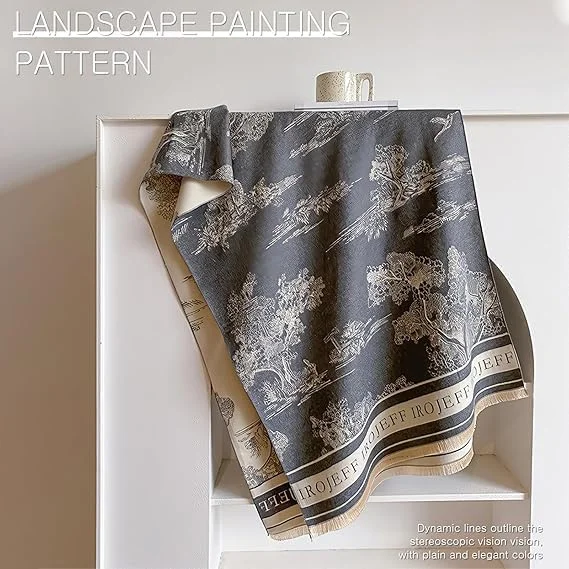 شال پشمینه گرم زنانه KASTWAVE - شال دو رو با طرح نقاشی منظره هنری با منگوله، شال ابریشمی بلند بزرگ و شنل پانچو جلوباز برای لباس شب و استفاده روزانه