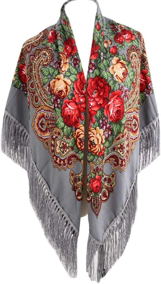 شال زنانه سنتی گودسلی با منگوله - شال گردن و سر طرح گلدار قدیمی