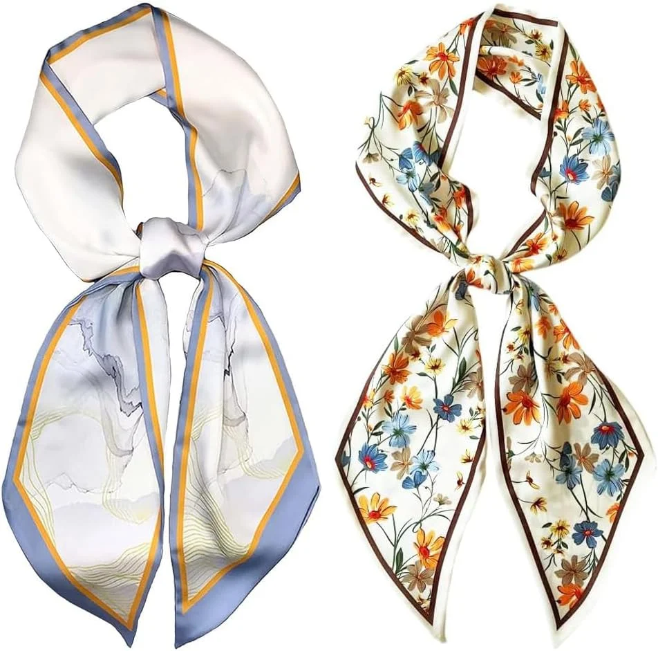 2 عدد شال موی زنانه، روسری ابریشمی ساتن، سبک و خنک، مناسب برای گردن، کیف دستی، 15×150 سانتی متر