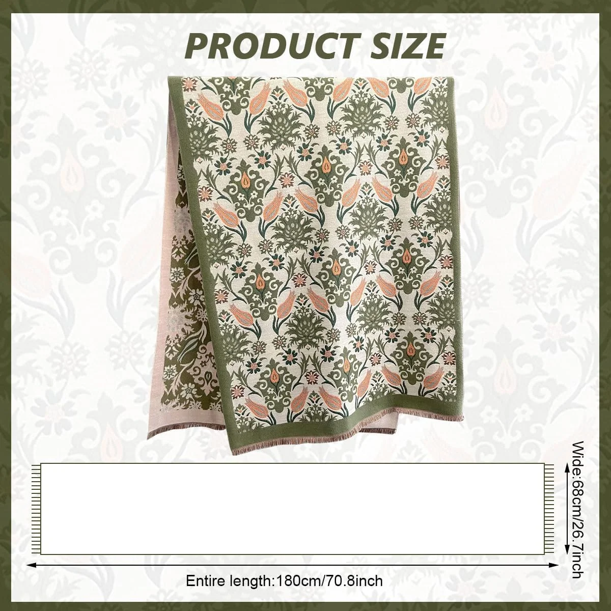 شال زمستانی زنانه طرح ترمه، شال نرم و گرم، شال طرح گل زیبا مناسب هدیه کریسمس و روز شکرگزاری، 65x185 سانتی متر، سبز