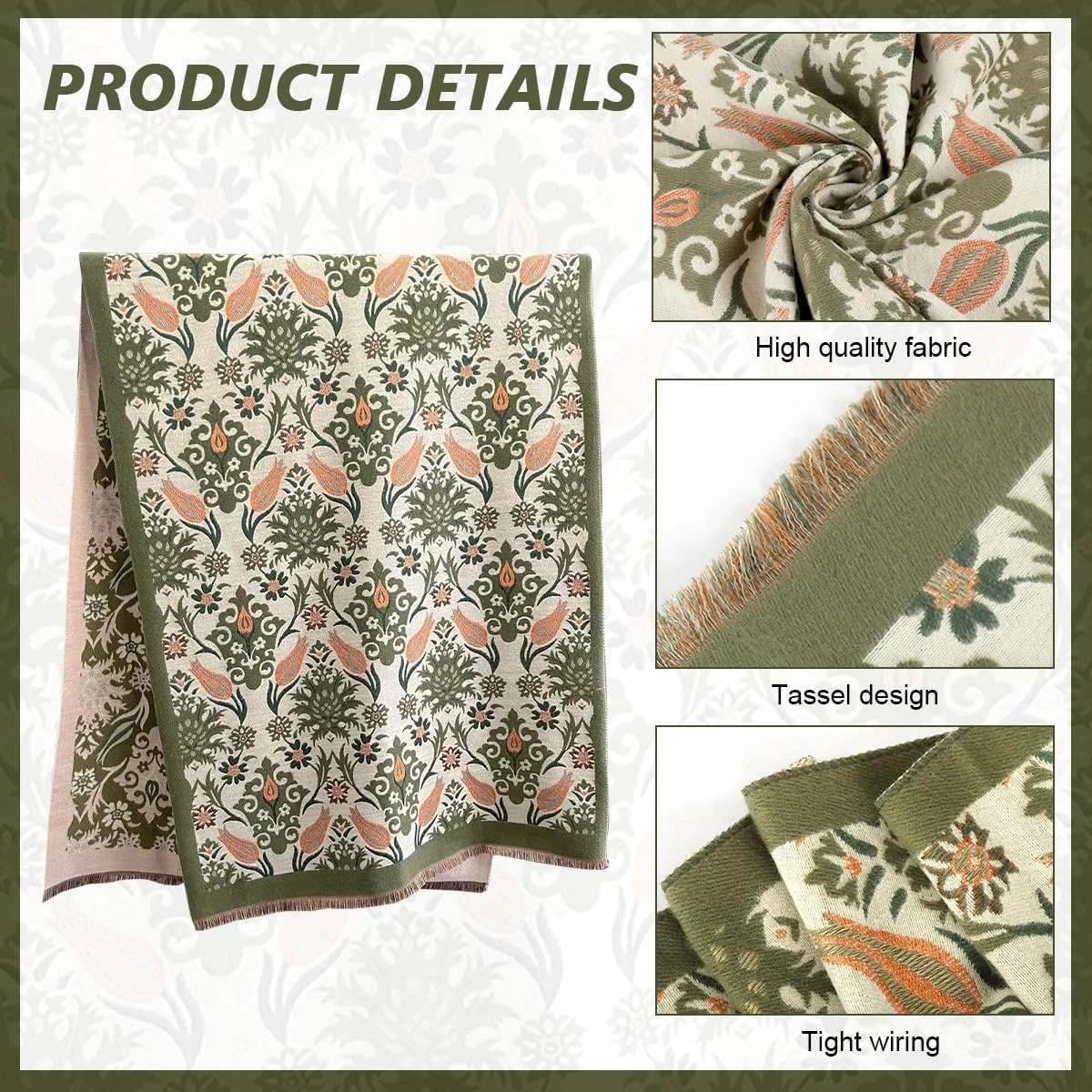 شال زمستانی زنانه طرح ترمه، شال نرم و گرم، شال طرح گل زیبا مناسب هدیه کریسمس و روز شکرگزاری، 65x185 سانتی متر، سبز