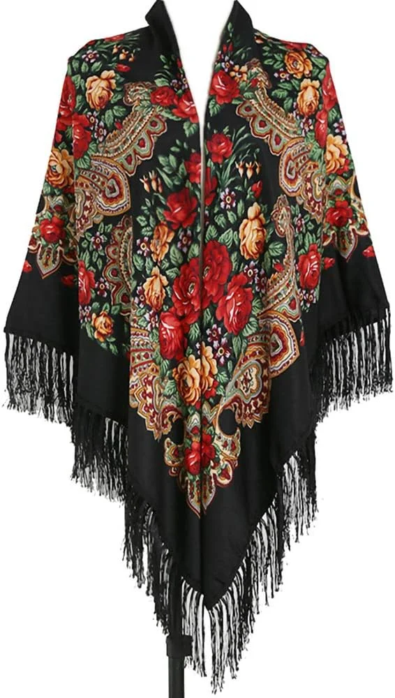 شال بزرگ طرح گلدار زنانه با حاشیه ریشه دار