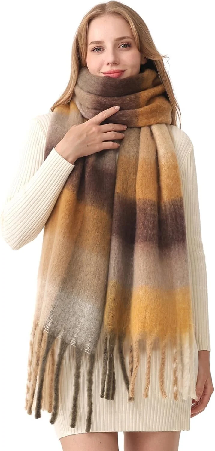 شال گردن زمستانی بلند زنانه Gmaro، شال بزرگ، شال های بافتنی گرم برای هوای سرد، شال چهارخانه ضخیم، شال های بزرگ و اورسایز طرح دار، هدیه برای بانوان