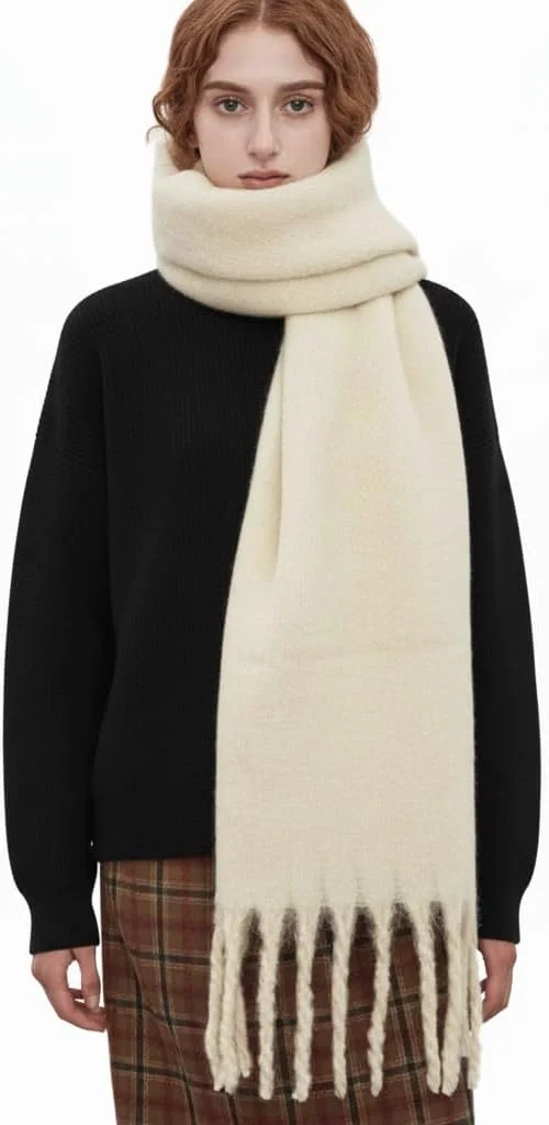 شال گردن بزرگ و ضخیم Excefore، شال پشمی نرم و بزرگ با حس کشمیر، شال ضخیم و گرم زمستانی زنانه، شال منگوله دار نرم پاییزی و زمستانی برای فضای باز (کرم)