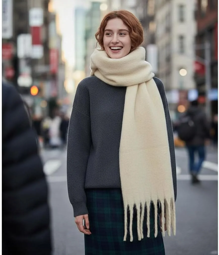 شال گردن بزرگ و ضخیم Excefore، شال پشمی نرم و بزرگ با حس کشمیر، شال ضخیم و گرم زمستانی زنانه، شال منگوله دار نرم پاییزی و زمستانی برای فضای باز (کرم)