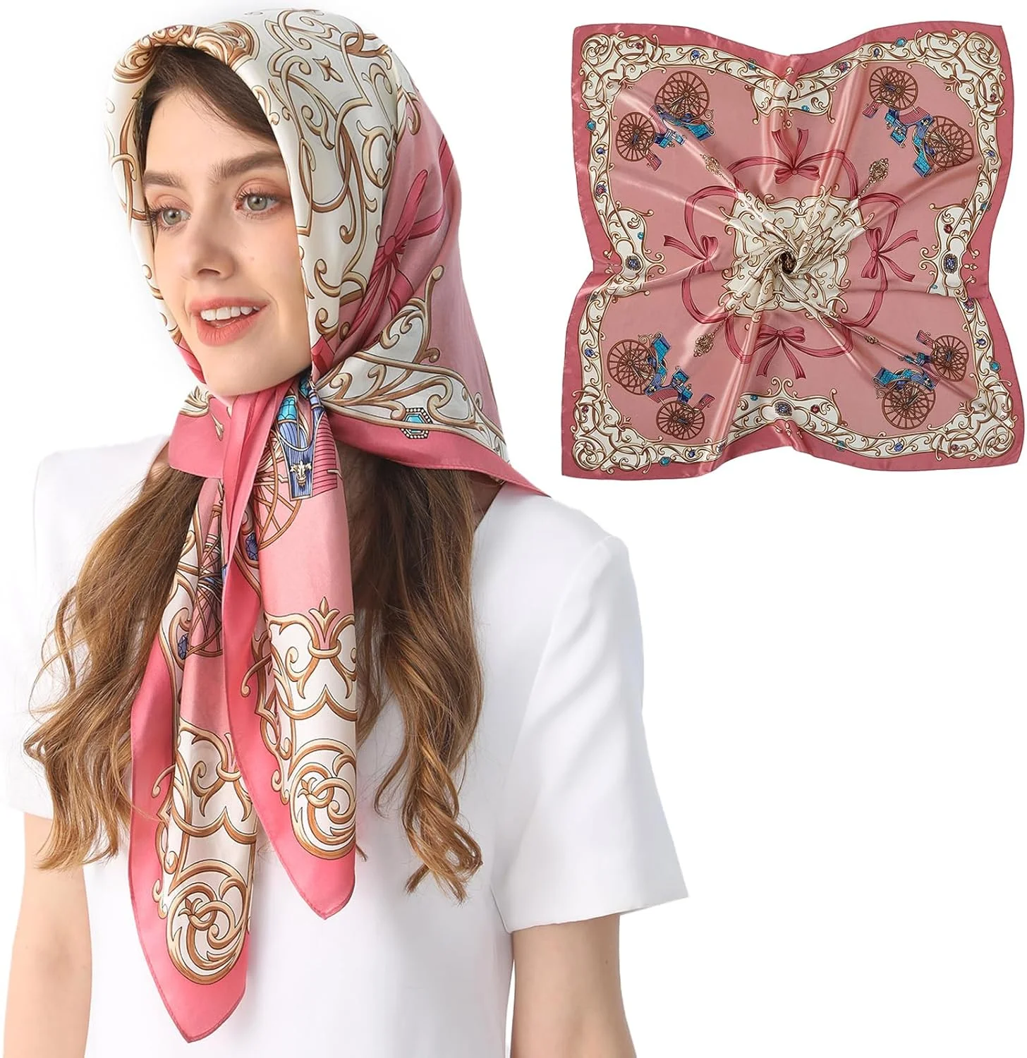 روسری ابریشمی زنانه، 100% ابریشم توت، 90cm x 90cm، روسری مربعی، پوشش موی سبک، برای خواب، مسافرت، صورتی، سایز بزرگ