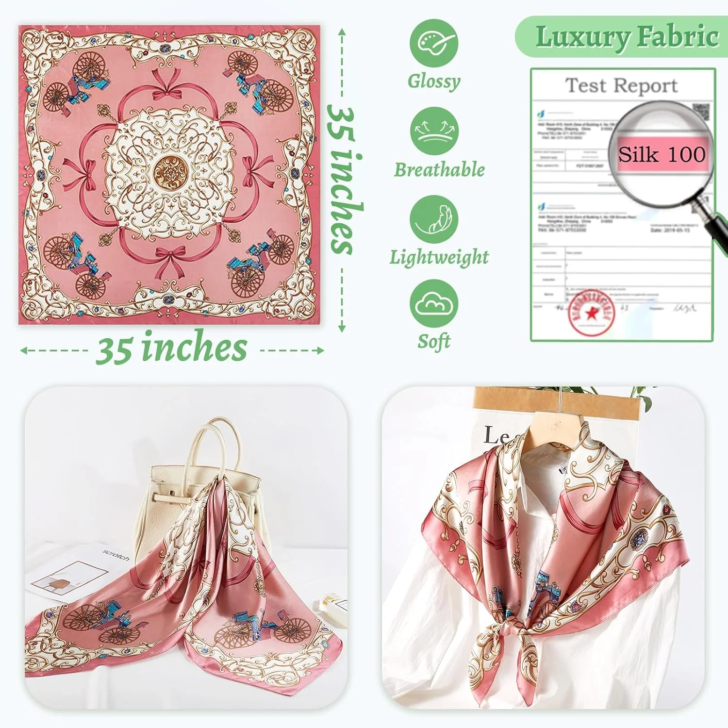 روسری ابریشمی زنانه، 100% ابریشم توت، 90cm x 90cm، روسری مربعی، پوشش موی سبک، برای خواب، مسافرت، صورتی، سایز بزرگ