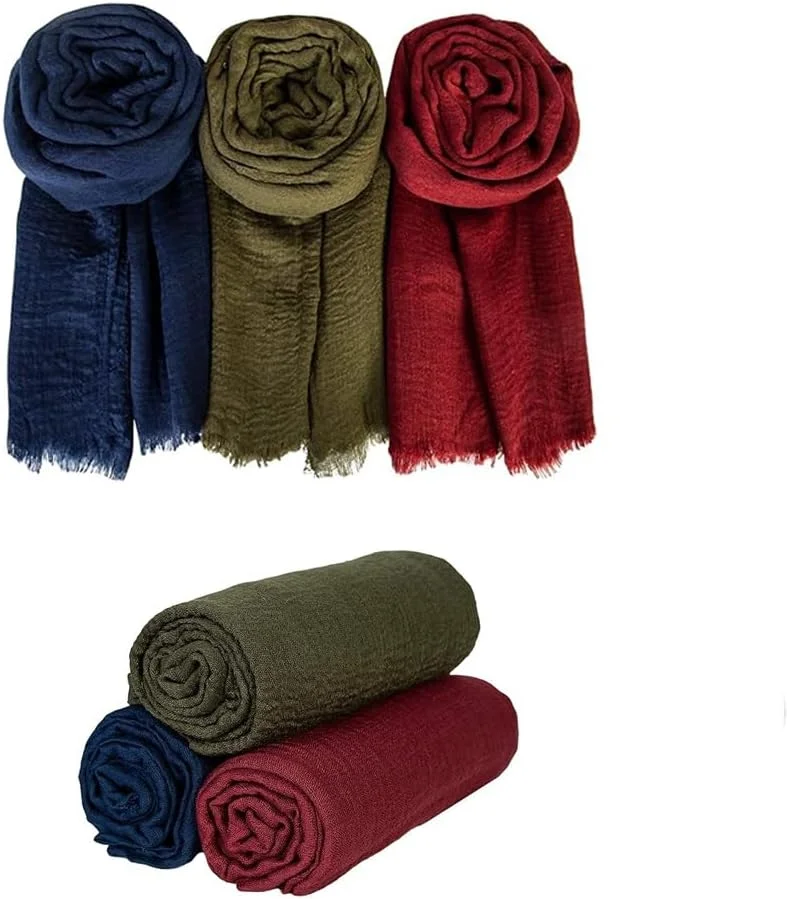 الکترون روسری زنانه، الکترون 3 عدد شال نرم و گرم نگهدارنده، شال سبک وزن بلند مد روز برای تمام فصول، روسری عمامه تک رنگ نخی و کتانی (آبی سرمه ای/سبز/زرشکی)