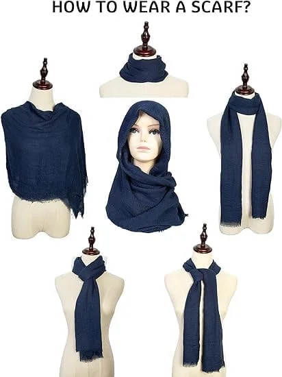 الکترون روسری زنانه، الکترون 3 عدد شال نرم و گرم نگهدارنده، شال سبک وزن بلند مد روز برای تمام فصول، روسری عمامه تک رنگ نخی و کتانی (آبی سرمه ای/سبز/زرشکی)