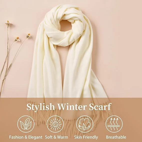 شال زمستانی بزرگ کرم سفید، 200x70 سانتی متر، شال نرم با حس کشمیر برای زنان، پشمی ظریف برای عروسی، ساقدوش عروس، لباس شب و استفاده روزمره