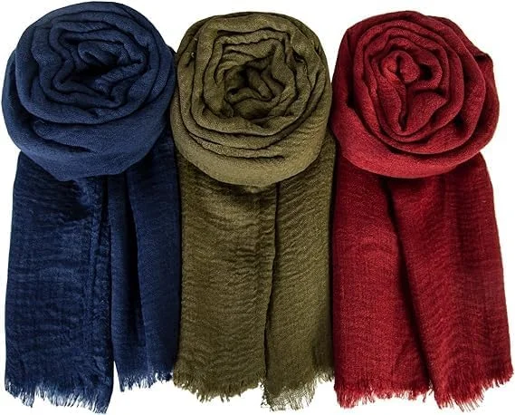 الکترون روسری زنانه، الکترون 3 عدد شال نرم و گرم نگهدارنده، شال سبک وزن بلند مد روز برای تمام فصول، روسری عمامه تک رنگ نخی و کتانی (آبی سرمه ای/سبز/زرشکی)