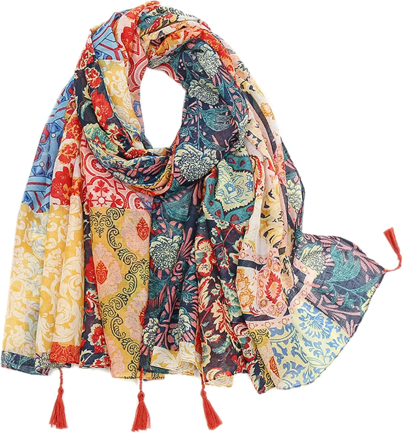 شال طرح گل زنانه، سبک وزن، شال گردن پنبه ای و کنفی، نرم و لطیف با ریشه مناسب فصل پاییز و بهار