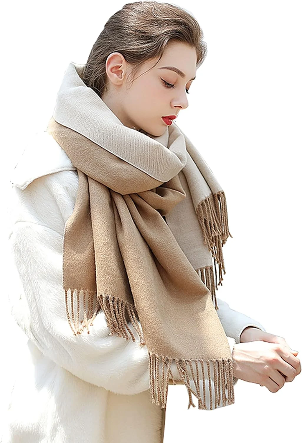 شال گردن زنانه، شال و روپوش بزرگ دو رنگ با منگوله، شال پتو بزرگ گرم زمستانی برای فضای باز، مسافرت، لباس شب، هدیه (200 * 65 سانتی متر، خاکی و بژ)