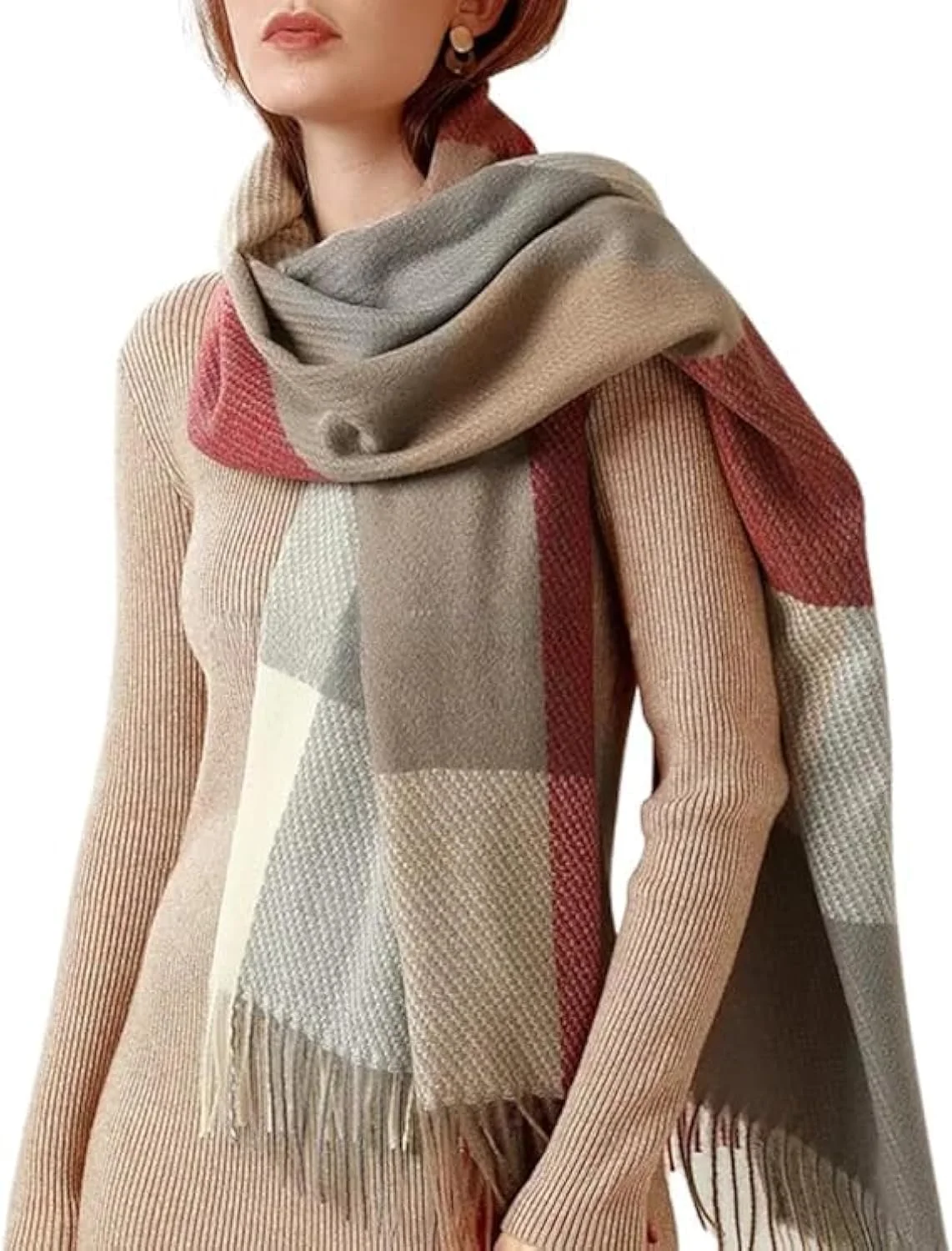 شال بلند زنانه Beeto، نرم و لطیف، مناسب فصل زمستان، طرح پتو، شال بزرگ، طرح چهارخانه گرم، شال گردن نرم و سبک