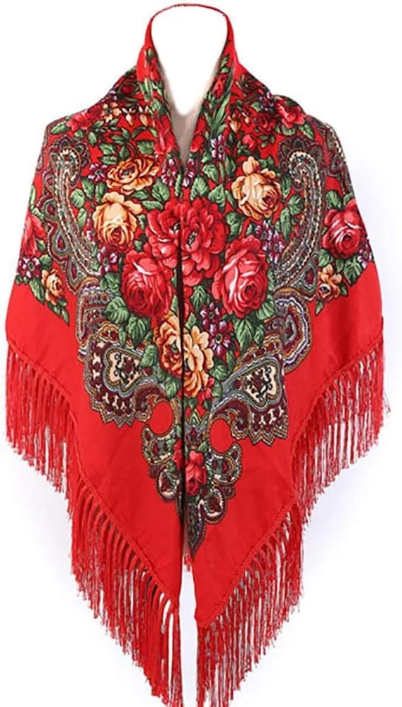 شال منگوله دار طرح گل زنانه، شال گردن گرم سبک روسی، شال طرح گل قدیمی، شال پانچو طرح دار، قرمز