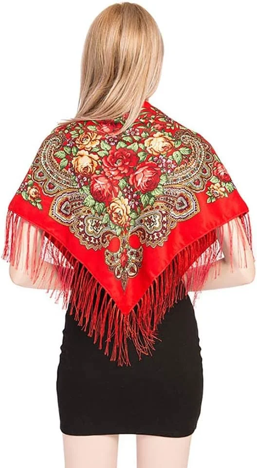 شال منگوله دار طرح گل زنانه، شال گردن گرم سبک روسی، شال طرح گل قدیمی، شال پانچو طرح دار، قرمز