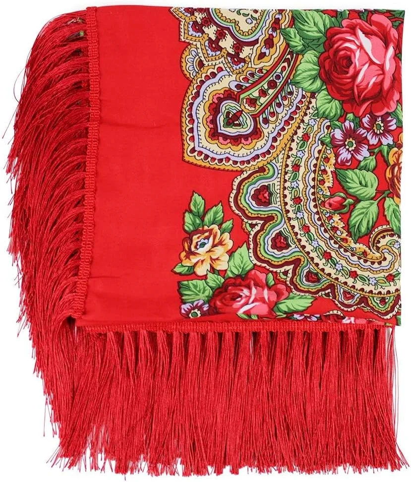 شال منگوله دار طرح گل زنانه، شال گردن گرم سبک روسی، شال طرح گل قدیمی، شال پانچو طرح دار، قرمز