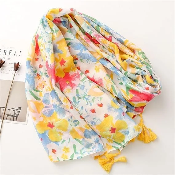 روسری حجاب زنانه نالاکال با طرح گل های گرمسیری و منگوله، شال نرم و لطیف، شال بوهو مد روز، مناسب برای فصل بهار تا زمستان، هدیه برای مناسبت های خاص (گل های گرمسیری، 180x90 سانتی متر)