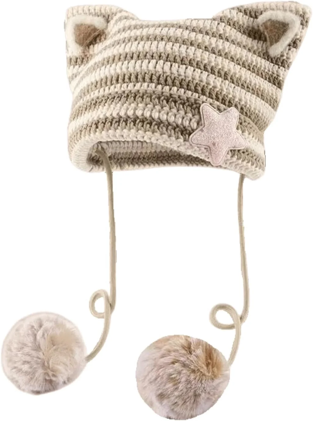 کلاه بافتنی زنانه مدل گوش گربه Y2K با آویز توپی | کلاه بافتنی شل با طرح ستاره مناسب برای استایل گوتیک و الترناتیو