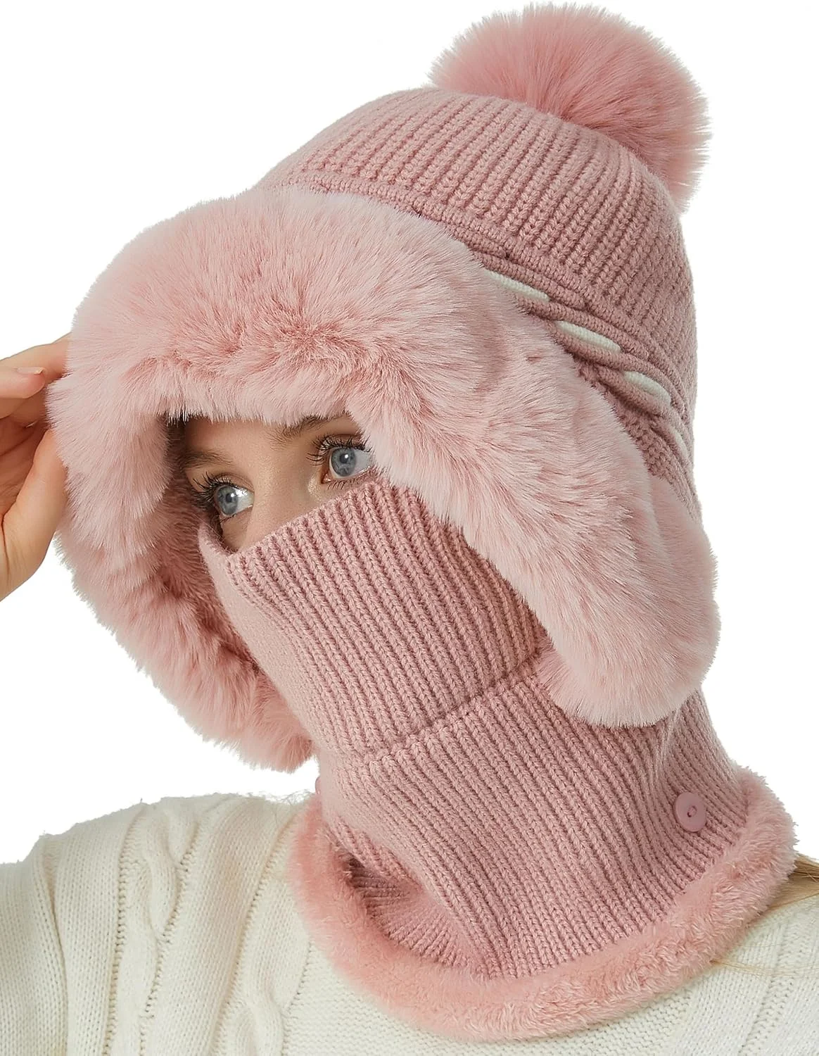 کلاه بافتنی زمستانی زنانه، ست شال و ماسک زمستانی Azonee، کلاه بافتنی یک تکه گرم شال کلاهدار پشمی Balaclava