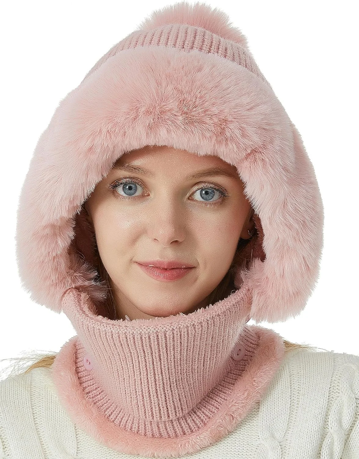 کلاه بافتنی زمستانی زنانه، ست شال و ماسک زمستانی Azonee، کلاه بافتنی یک تکه گرم شال کلاهدار پشمی Balaclava