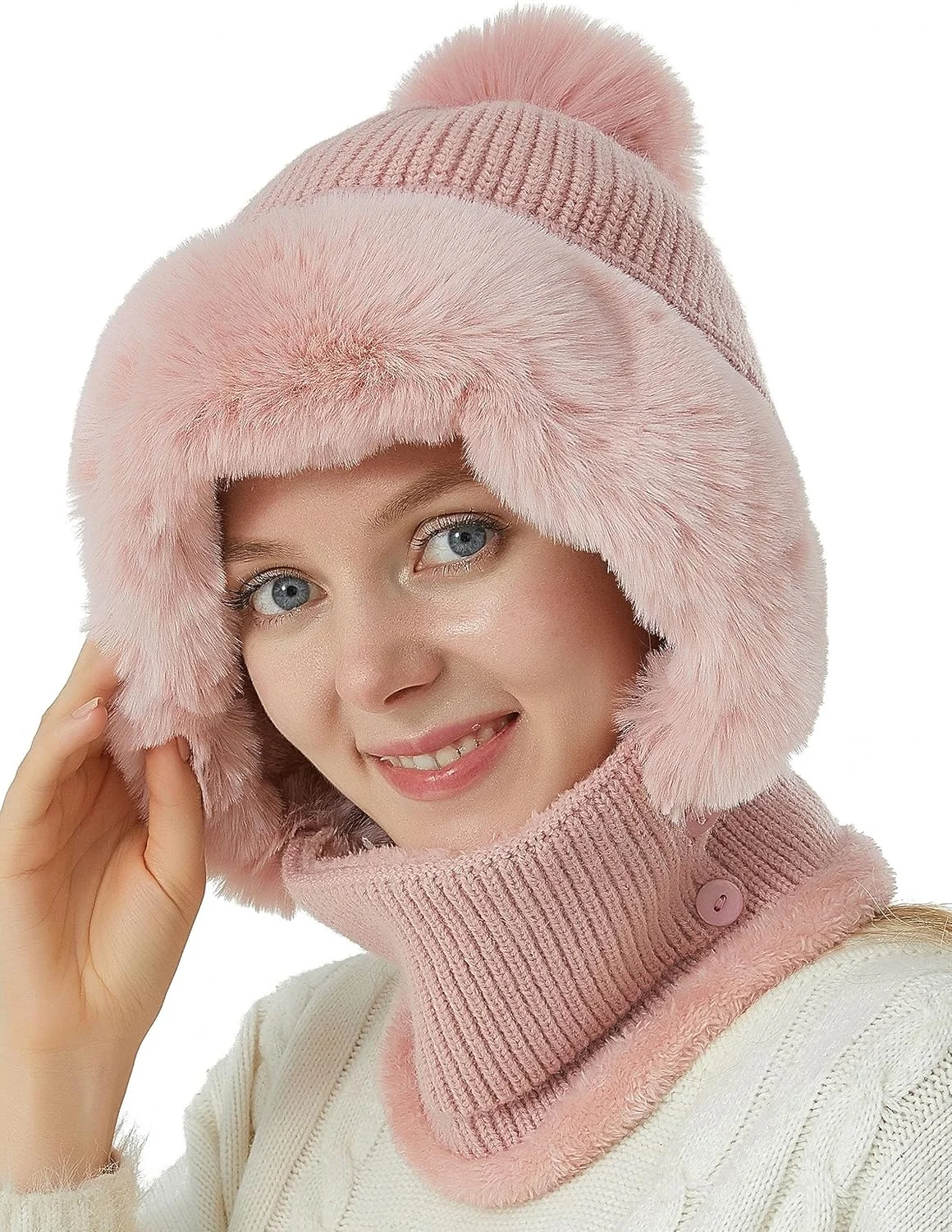 کلاه بافتنی زمستانی زنانه، ست شال و ماسک زمستانی Azonee، کلاه بافتنی یک تکه گرم شال کلاهدار پشمی Balaclava