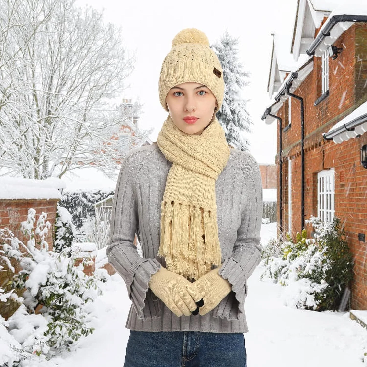 ست کلاه بافتنی گرم زمستانی، شال گردن و دستکش های تاچ اسکرین زنانه