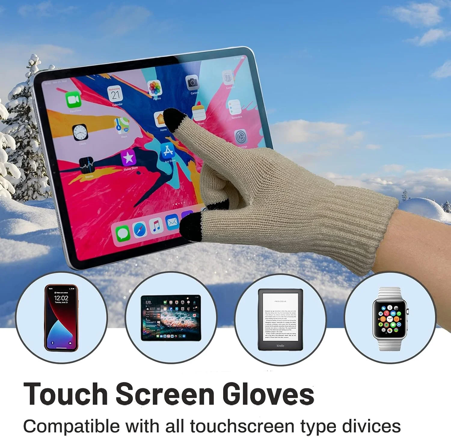 ست کلاه بافتنی گرم زمستانی، شال گردن و دستکش های تاچ اسکرین زنانه