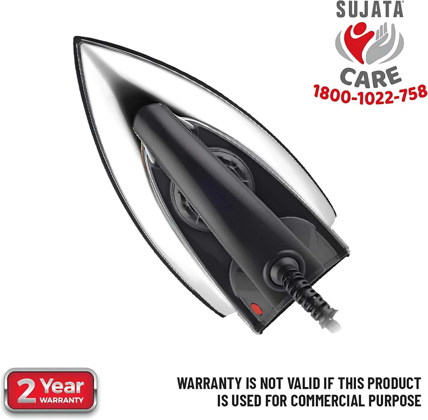 اتو خشک 1100 وات Sujata Smooth Slide | فیوز حرارتی محافظت در برابر گرمای بیش از حد | روکش نچسب دو لایه American Heritage | طراحی شده برای مناطق دشوار