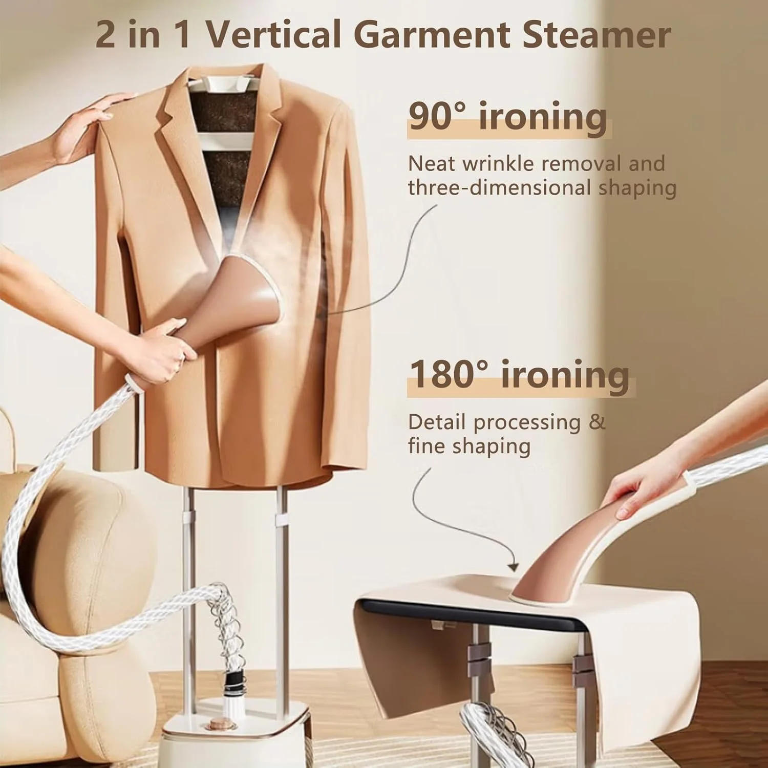 بخارگر عمودی لباس، بخارگر حرفه ای 2000 واتی لباس با میله دوتایی، دارای اتو کشی عمودی، دارای مخزن بزرگ 2.5 لیتری - سفید
