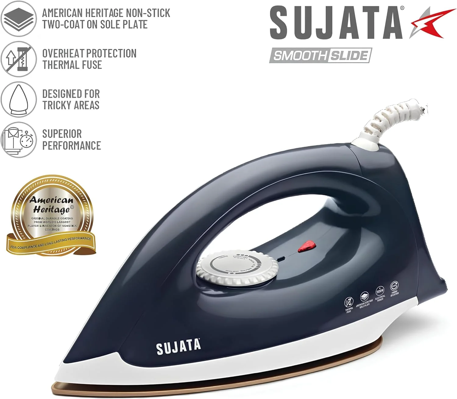 اتو خشک 1100 وات Sujata Smooth Slide | فیوز حرارتی محافظت در برابر گرمای بیش از حد | روکش نچسب دو لایه American Heritage | طراحی شده برای مناطق دشوار