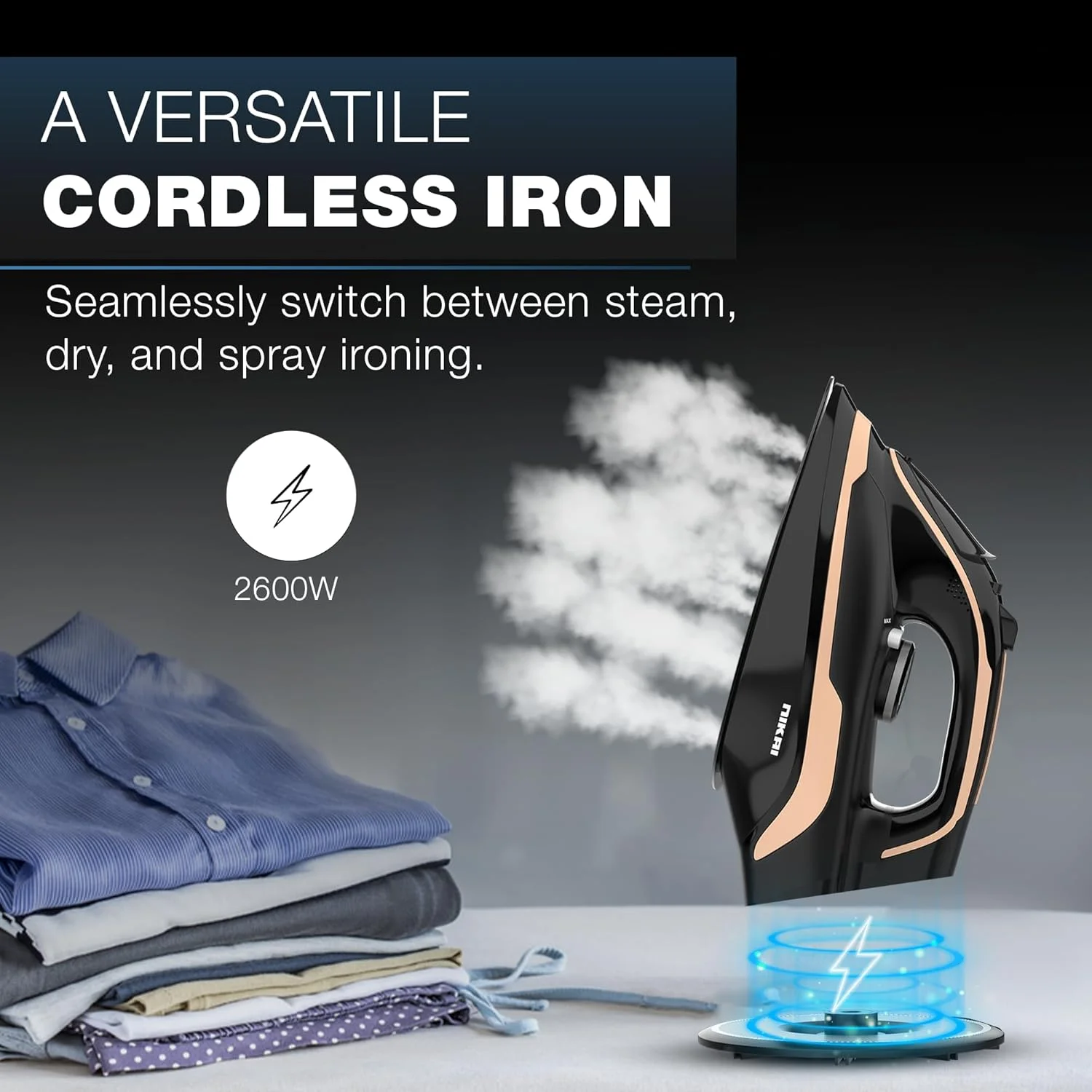 اتو بخار بدون سیم نیکای 2600 وات – نچسب، بخار قوی، ترموستات قابل تنظیم، خود تمیز شونده، محافظت در برابر گرمای بیش از حد، مشکی مدل NSI456C