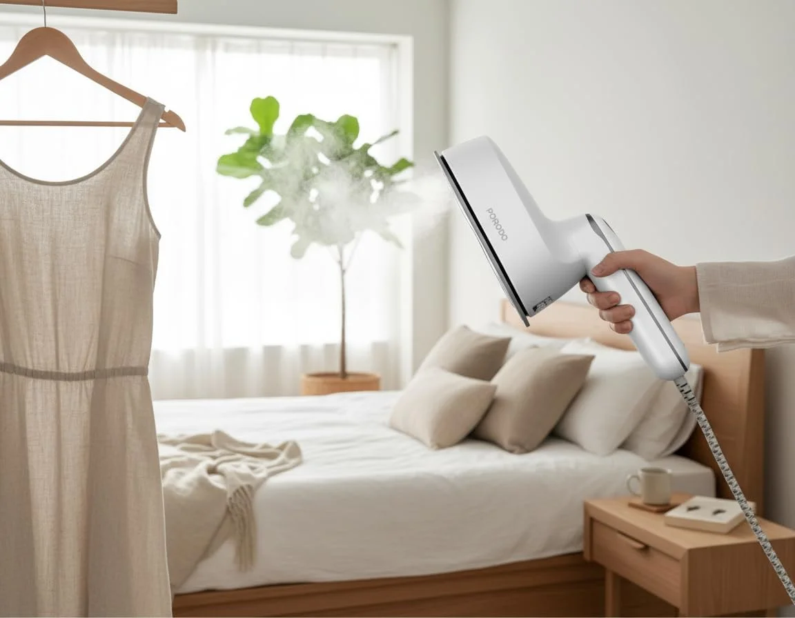 اتو بخار و حرارتی قابل حمل جمع و جور پرودو 1100 وات با دسته چرخان، طراحی ثبت شده با مخزن آب 120 میلی لیتری، اتو بخار دستی با صفحه سرامیکی، اتو خشک و مرطوب، بخارگر لباس 1100 وات - سفید
