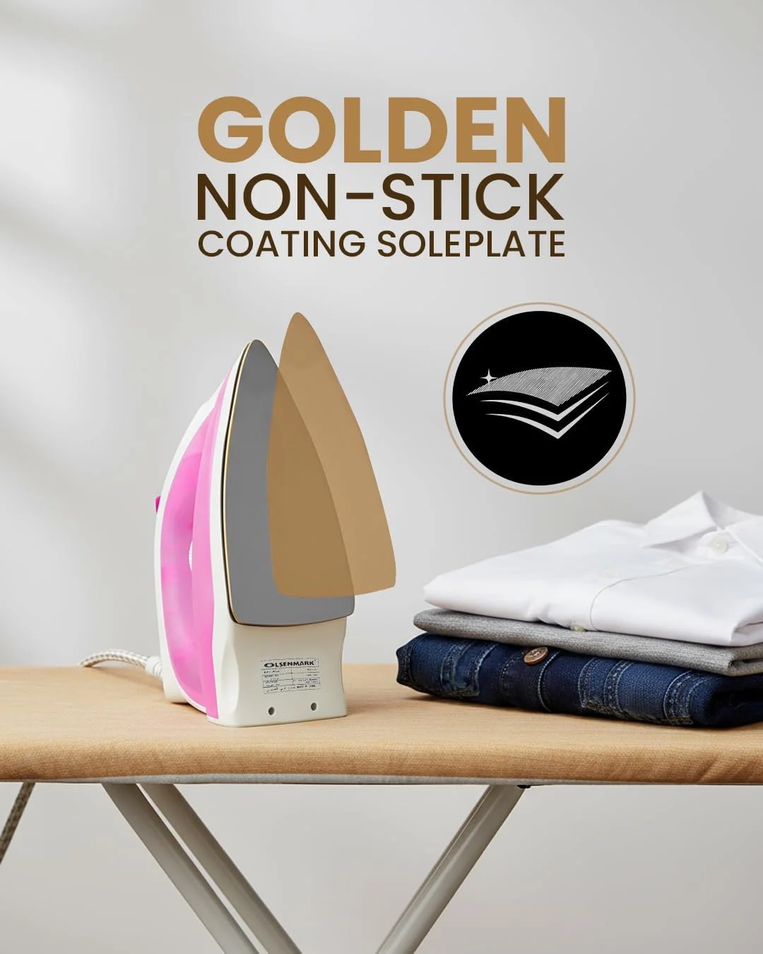 اتو خشک اولسن مارک – OMDI1696 | صفحه زیرین با روکش نچسب طلایی، دمای قابل تنظیم، نشانگر روشن بودن، محافظت در برابر گرمای بیش از حد | مناسب برای انواع پارچه