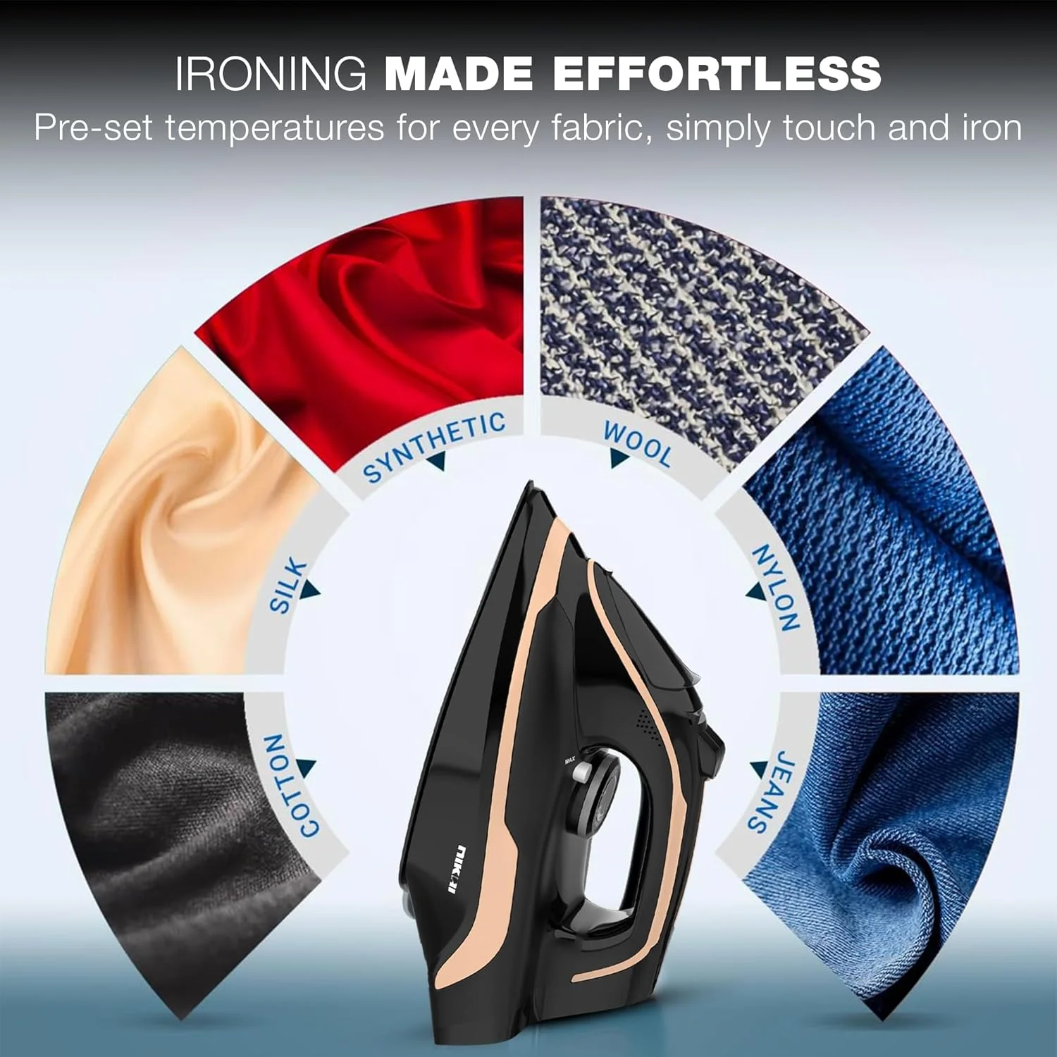 اتو بخار بدون سیم نیکای 2600 وات – نچسب، بخار قوی، ترموستات قابل تنظیم، خود تمیز شونده، محافظت در برابر گرمای بیش از حد، مشکی مدل NSI456C