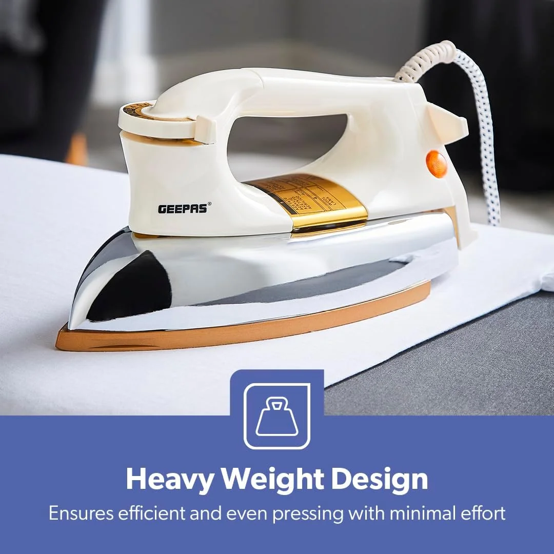 اتو بخار خشک اتوماتیک Geepas مدل GDI23011 | اتو با تنظیمات دما و خاموش شدن خودکار | مناسب برای انواع پارچه، سفید و طلایی