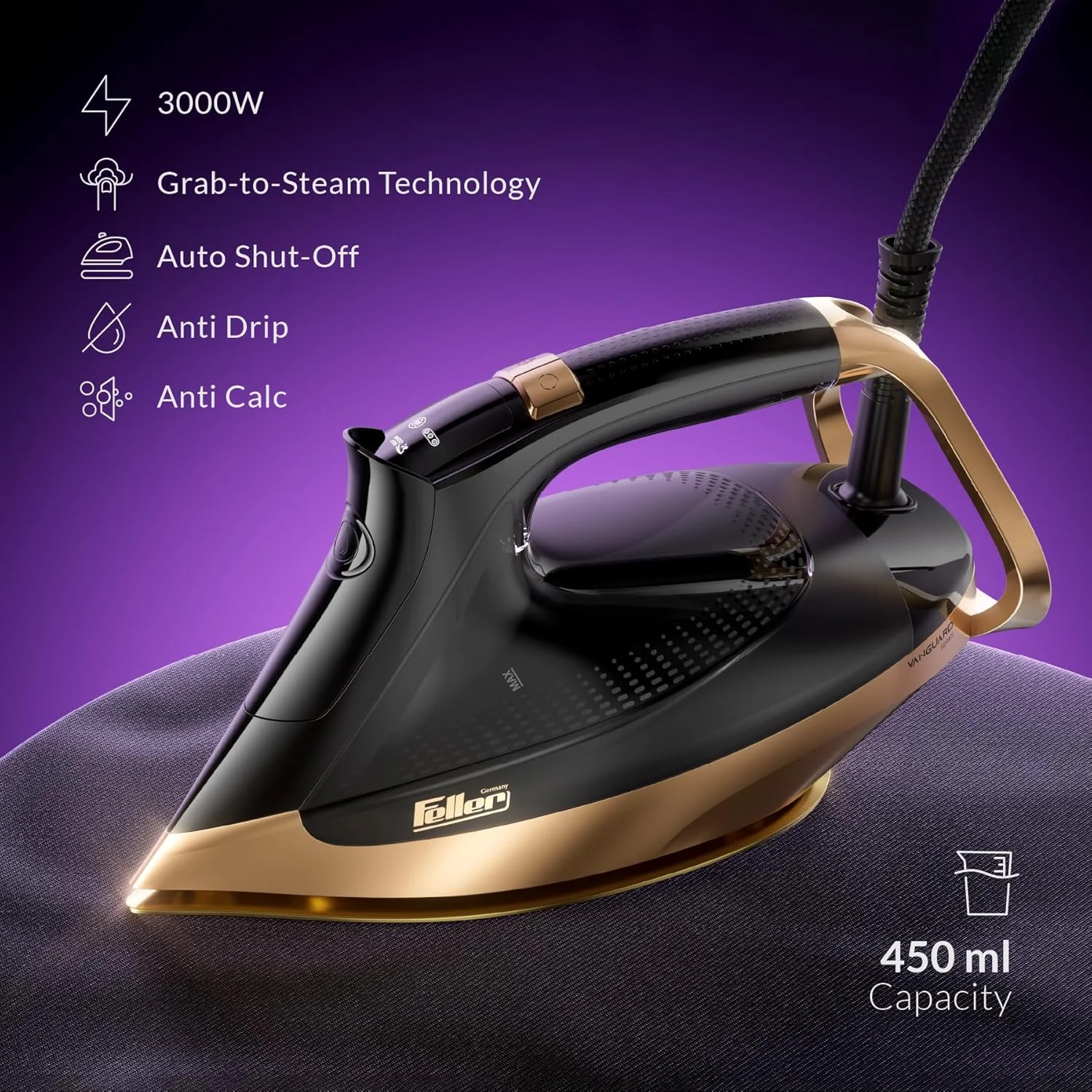 اتو بخار ۳۰۰۰ وات Feller Germany Vanguard Plus، فناوری Grab-to-Steam، صفحه سرامیکی Prime Gold 2x + ضد رسوب، ضد چکه، خاموش شدن خودکار، نمایشگر، بخار توربو، SI300، نسخه امارات (طلایی)