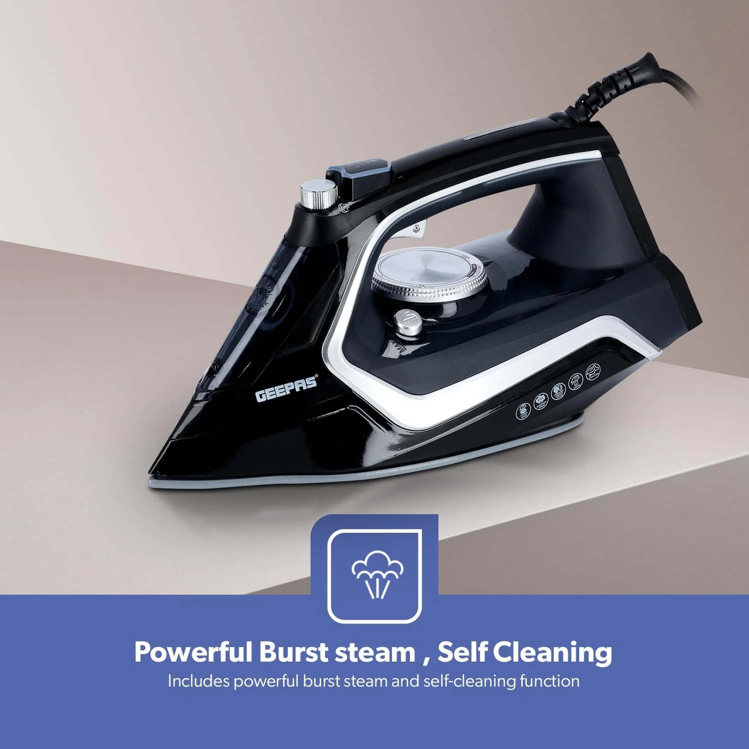 اتو بخار 2200 وات Geepas GSI7801N - اتو بخار خشک و مرطوب 2 در 1 - کنترل دمای قابل تنظیم، کفی سرامیکی - عملکرد بخار خشک/بخار/انفجار بخار/بخار عمودی، تقویت بخار